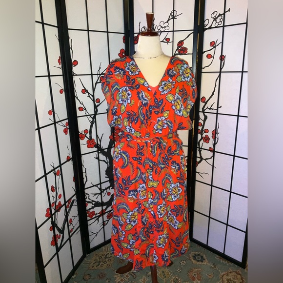 Lands' End Dresses & Skirts - Womens Size 18 Lands End Orange Floral Lined V Neck Dress